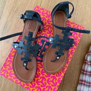 Tory Burch Black Leather Logo Thong Sandals with Ankle Strap